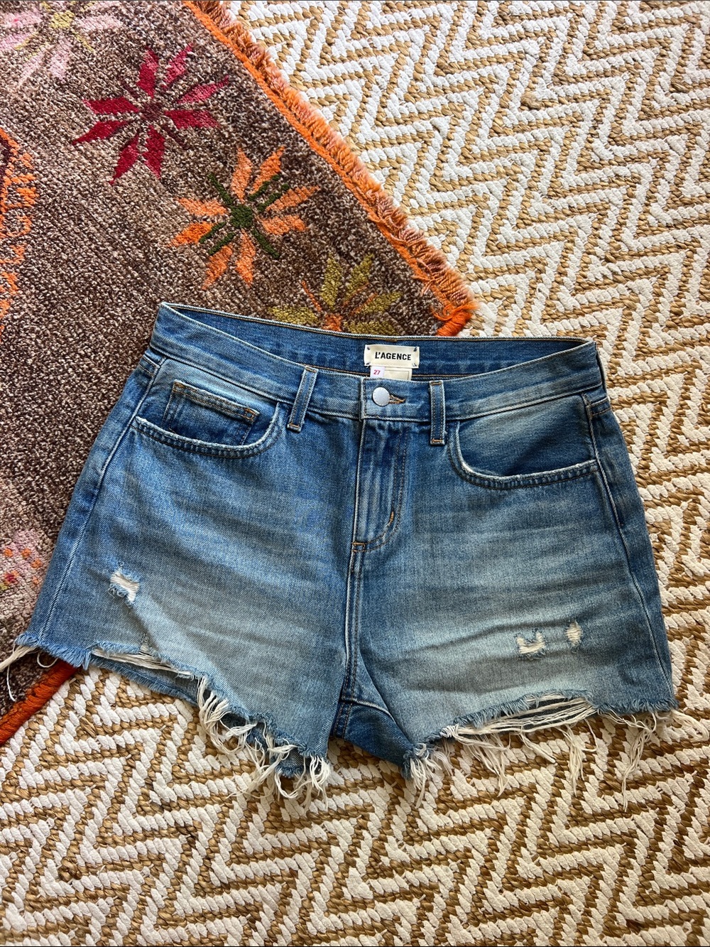 L'AGENCE Faded Blue Distressed Denim Cutoff Shorts